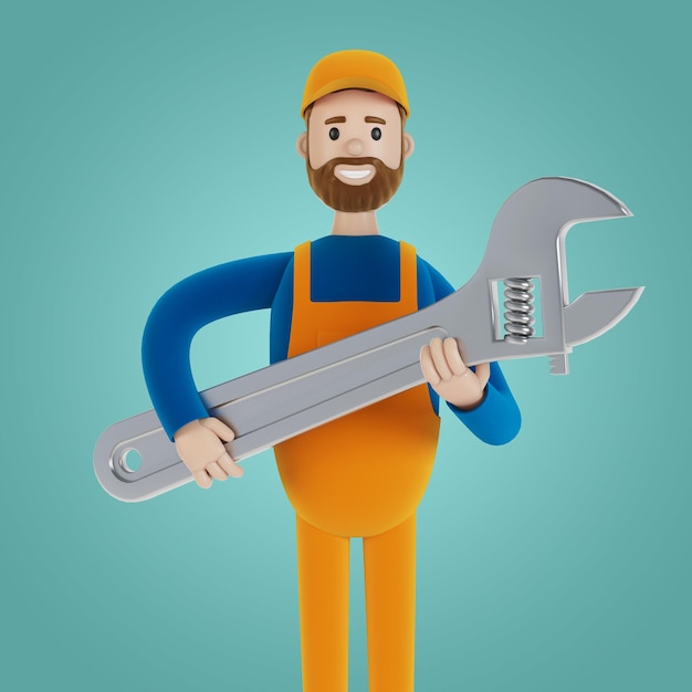 Master for an hour with a wrench Builder 3D illustration in cartoon style