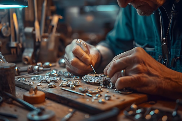 Master Jeweler Crafting Intricate Designs in a Workshop