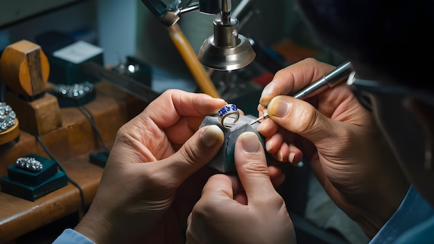 Photo master jeweler crafting sapphire diamond ring in workshop