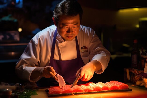 Master making a sushi roll with nori rice cucumber and omelet using bamboo mat ai generated