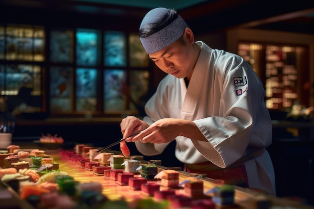 Master making a sushi roll with nori rice cucumber and omelet using bamboo mat ai generated