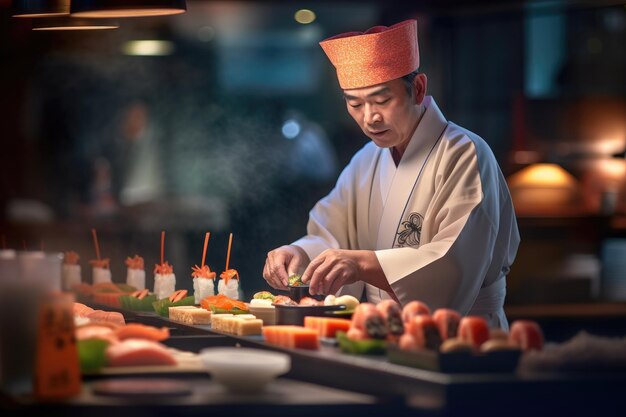 Master making a sushi roll with nori rice cucumber and omelet using bamboo mat ai generated