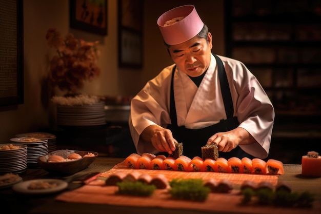 Master making a sushi roll with nori rice cucumber and omelet using bamboo mat ai generated