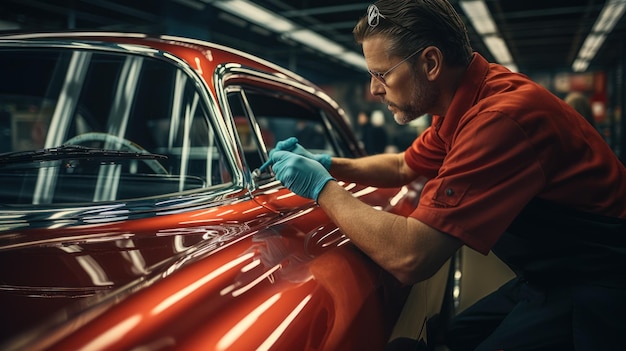 Master mechanic polishes red car with polisher detailing series