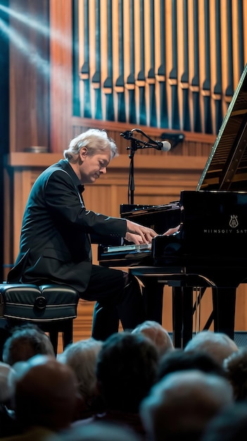 Photo master music artist performing on stage his hands moving effortlessly over the grand piano