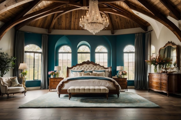 Master suite in beautifully adorned home with vaulted ceiling wooden beams and exquisite chandelie