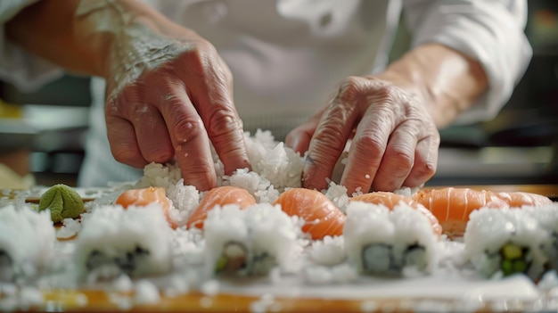 Photo master sushi chef skillfully crafts exquisite sushi rolls in traditional japanese kitchen during afternoon