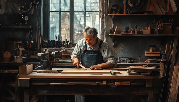 Master Woodworker in Action Inside Traditional Workshop