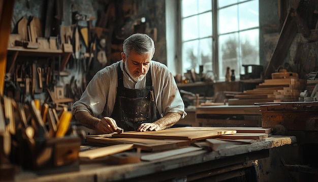 Master Woodworker in Action Inside Traditional Workshop