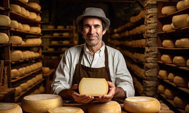 Masterful cheesemaker confidently evaluates cheese in a traditional kitchen AI generative