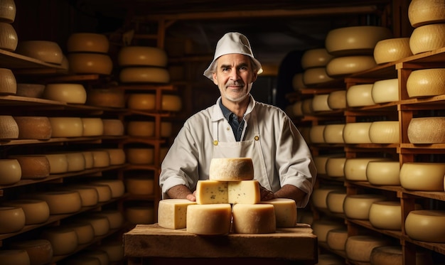 Masterful cheesemaker confidently evaluates cheese in a traditional kitchen AI generative