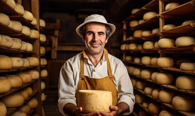 Masterful cheesemaker confidently evaluates cheese in a traditional kitchen AI generative