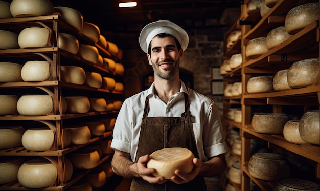 Masterful cheesemaker confidently evaluates cheese in a traditional kitchen