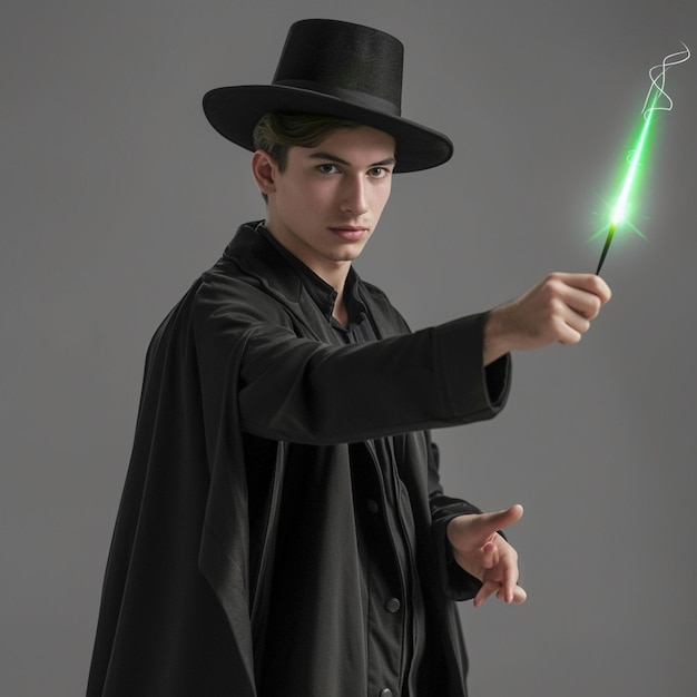 Photo masterful magician performing spectacular magic show wearing black suit and top hat