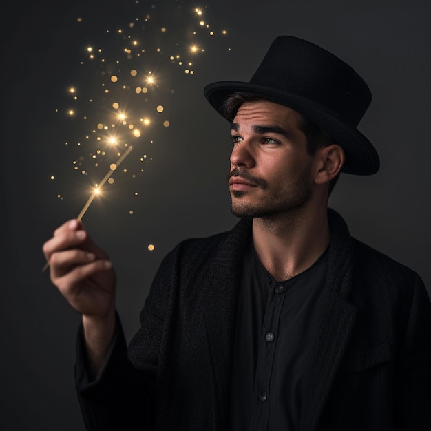 Photo masterful magician performing spectacular magic show wearing black suit and top hat