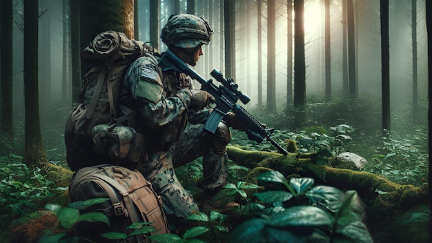 The Mastery of a Soldier in an Untamed Forest Setting Combining Military Precision