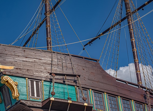 Masts aboard wooden decorative medieval galleon