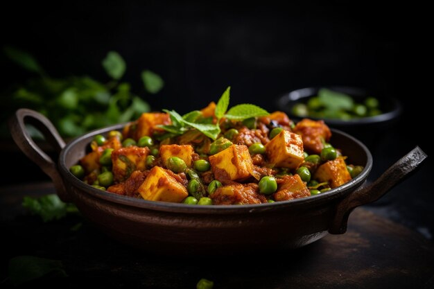 Matar paneer garnished platter