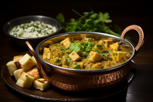 Matar Paneer served with a side of cooling cucumber