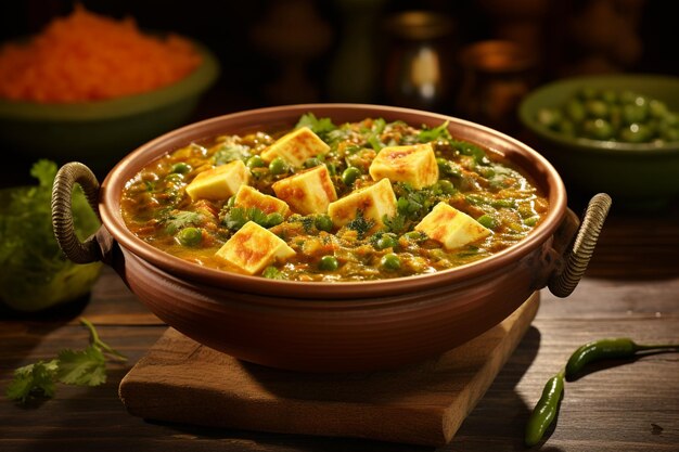 Matar Paneer in a traditional brass bowl