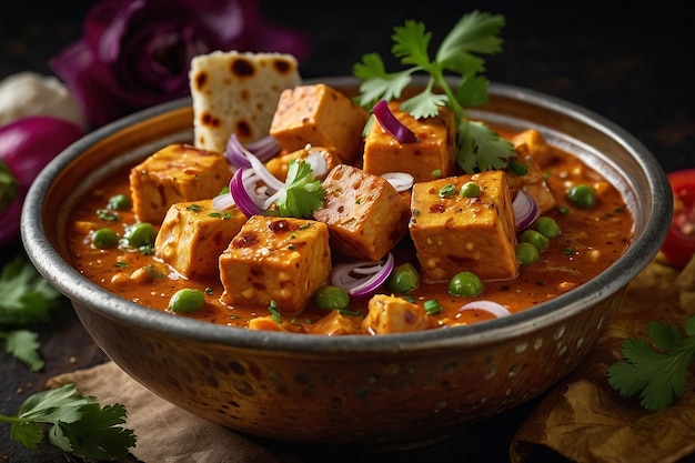 Matar paneer with a sprinkle of chaat masala