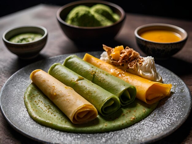 matcha green tea crepes and fresh mango