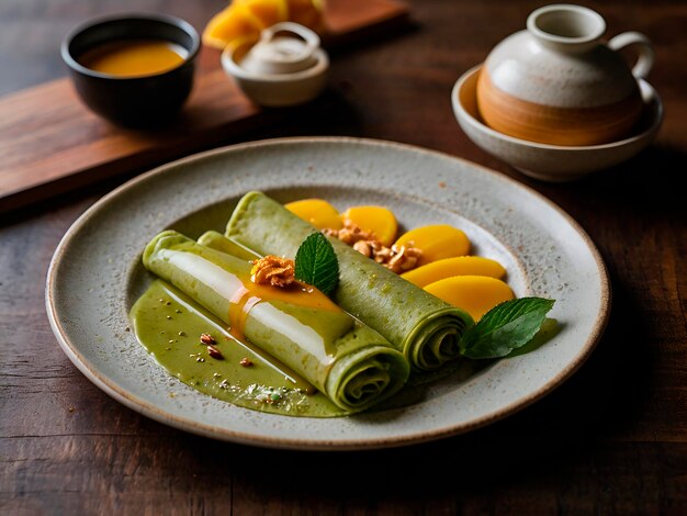 matcha green tea crepes and fresh mango