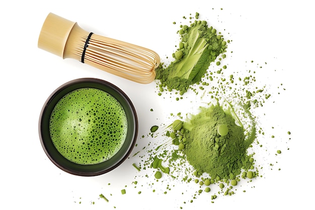 Matcha Green Tea Powder Whisk and Cup Isolated on White Background