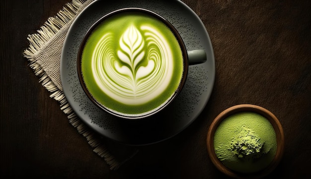 Matcha green tea with latte art foam in cup with powder on dark wooden table latte art Generative AI