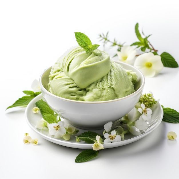 Matcha ice cream dessert on white background