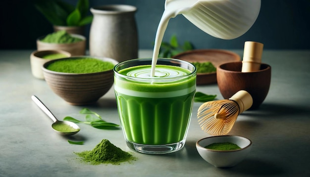 Matcha Latte Art Fresh Ingredients Beverage Preparation