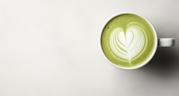 Matcha Latte In White Cup Top View Of Green Tea With Copy Space Organic Vegetarian Milk Drink