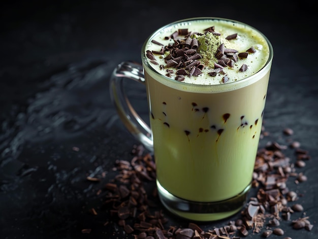 Matcha latte with cacao on top over black background