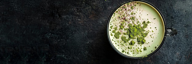 Matcha latte with cacao on top over black background