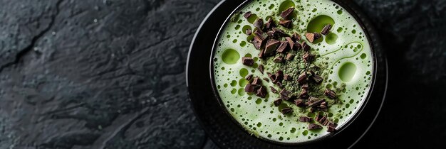 Matcha latte with cacao on top over black background