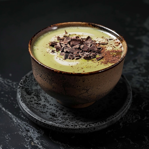 Matcha latte with cacao on top over black background