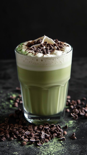 Matcha latte with cacao on top over black background