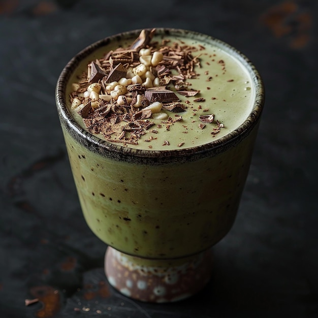 Matcha latte with cacao on top over black background