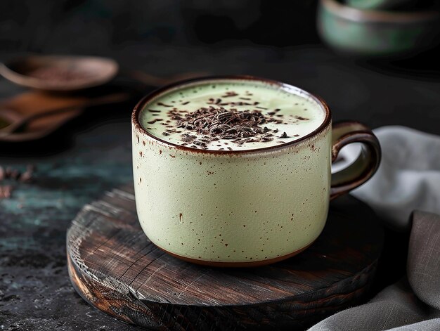 Matcha latte with cacao on top over black background