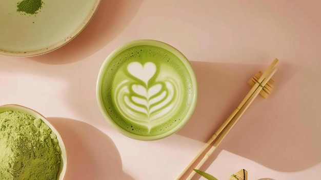 A matcha latte with a heart made with latte art