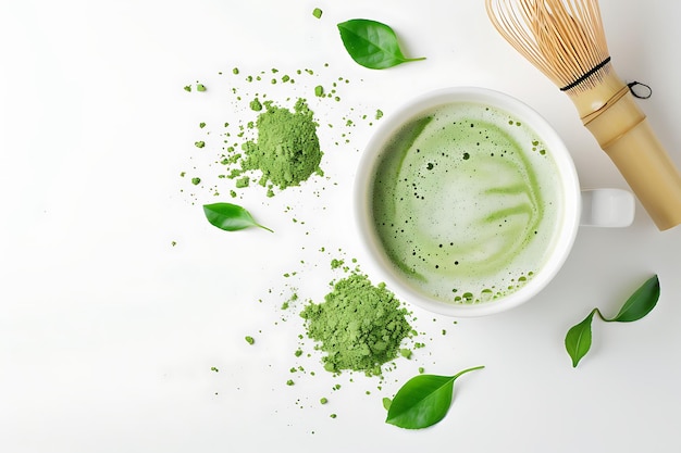 Matcha Latte with Whisk and Green Tea Leaves