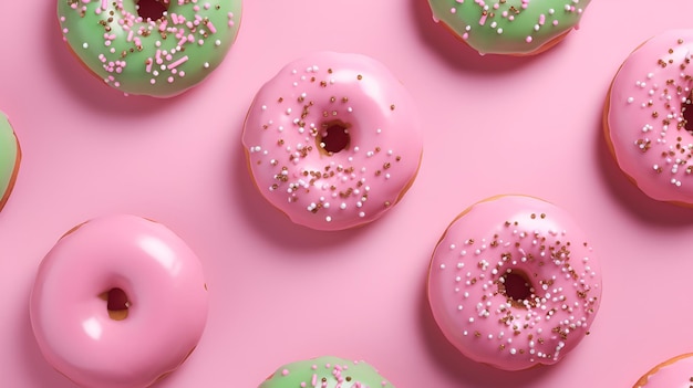 Matcha powder donuts Pink and green matcha donuts on trendy pink background Homemade matcha doughnuts covered with shiny green and pink matcha powder graze matcha dessert Doughnuts banner