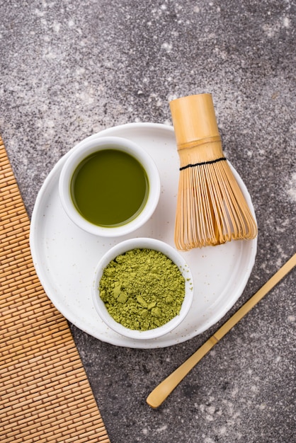 Matcha tea and bamboo whisk