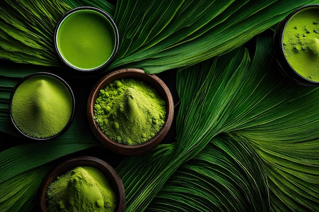 Matcha tea powder top view background