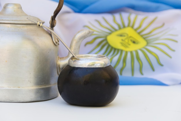 A mate and a kettle with the Argentine flag