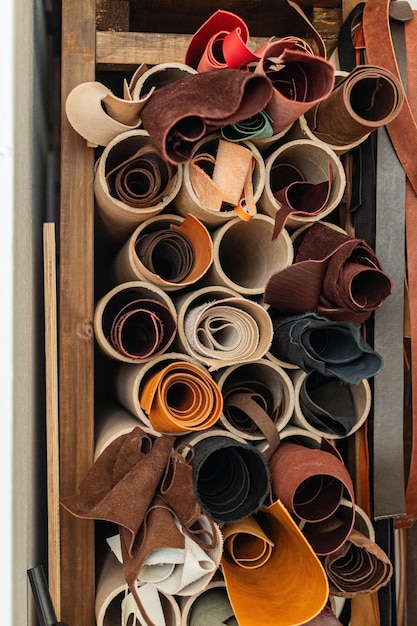 Material for creating handmade production at leather workshop storage organization at tannery