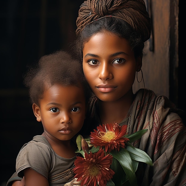 Maternal Elegance Stylized Portrait of a Sri Lankan Woman with Child