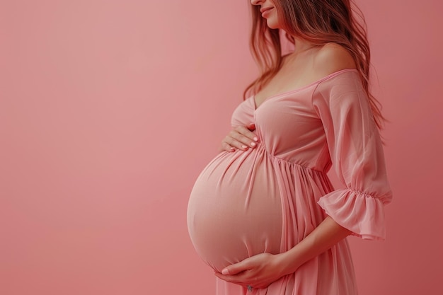 Photo maternity portrait pregnant woman holding baby in pink dress expecting mother