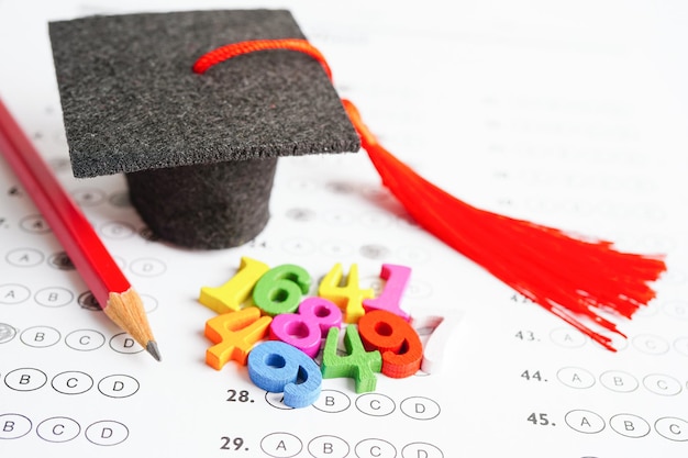 Math number with graduation gap hat on answer sheet test choice for learning Mathematic education math concept