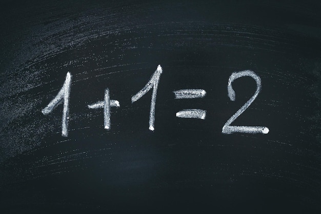 Math simple equation on chalk board One plus One equals two